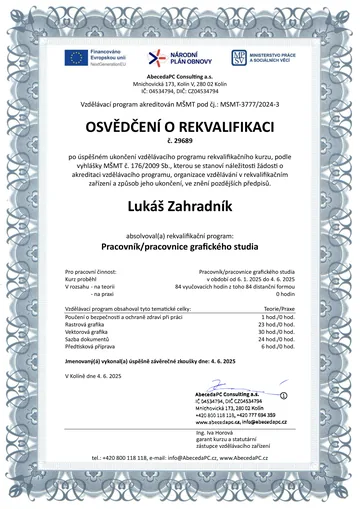Osvědčení o rekvalifikaci Pracovník grafického studia